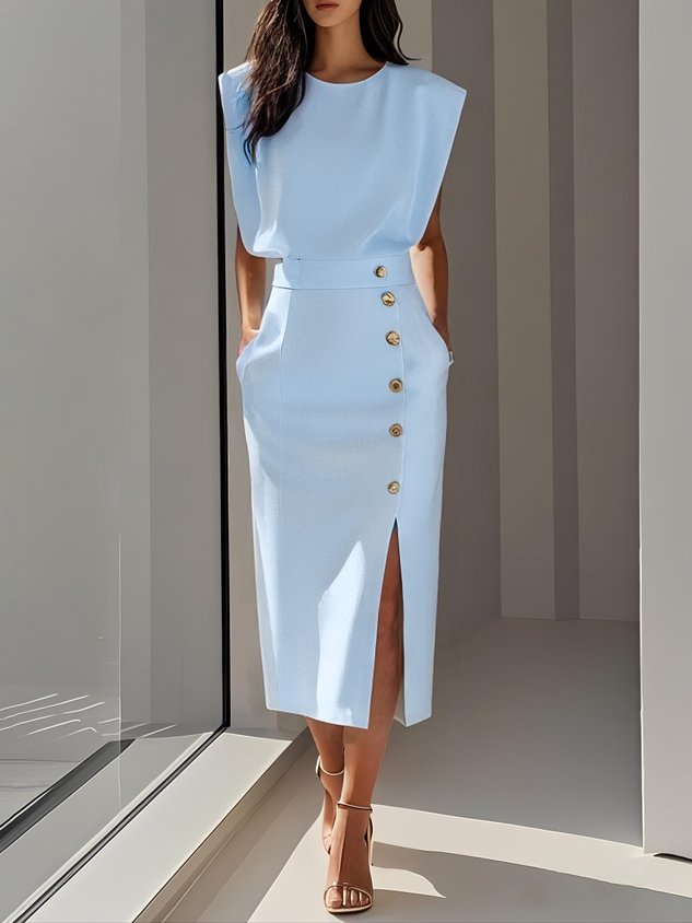 Round Neck Midi Dress with Button Slit Detail for Women
