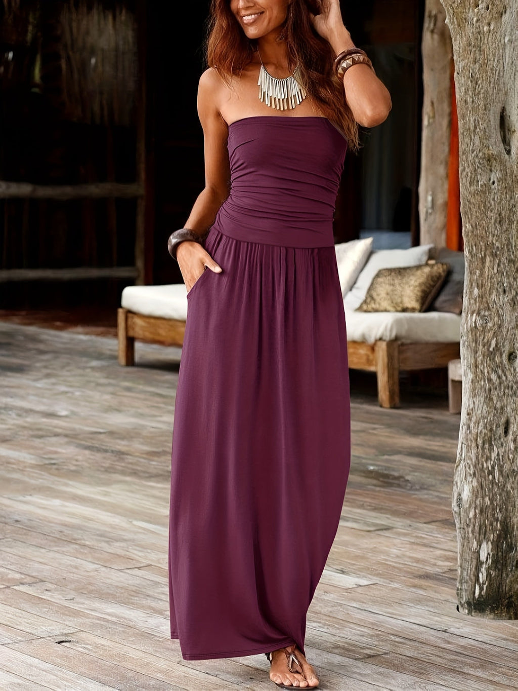 Strapless Bandeau Midi Dress with Waist-Cinching and Double Pockets for Women