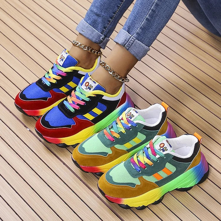 Rainbow Blue Green Orthopedic Walking Sneakers with Wide Toe Box for Women