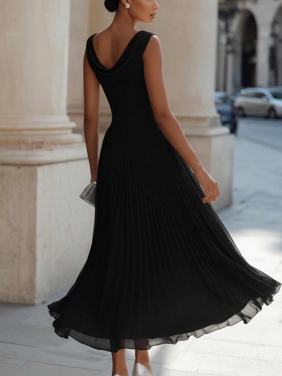 Draped Neck Sleeveless Pleated Midi Dress for Women | Occasion Wear