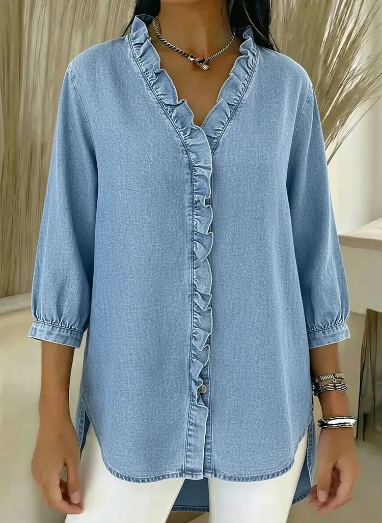 Denim V-Neck Ruffled Shirt for Women | Relaxed Fit Top