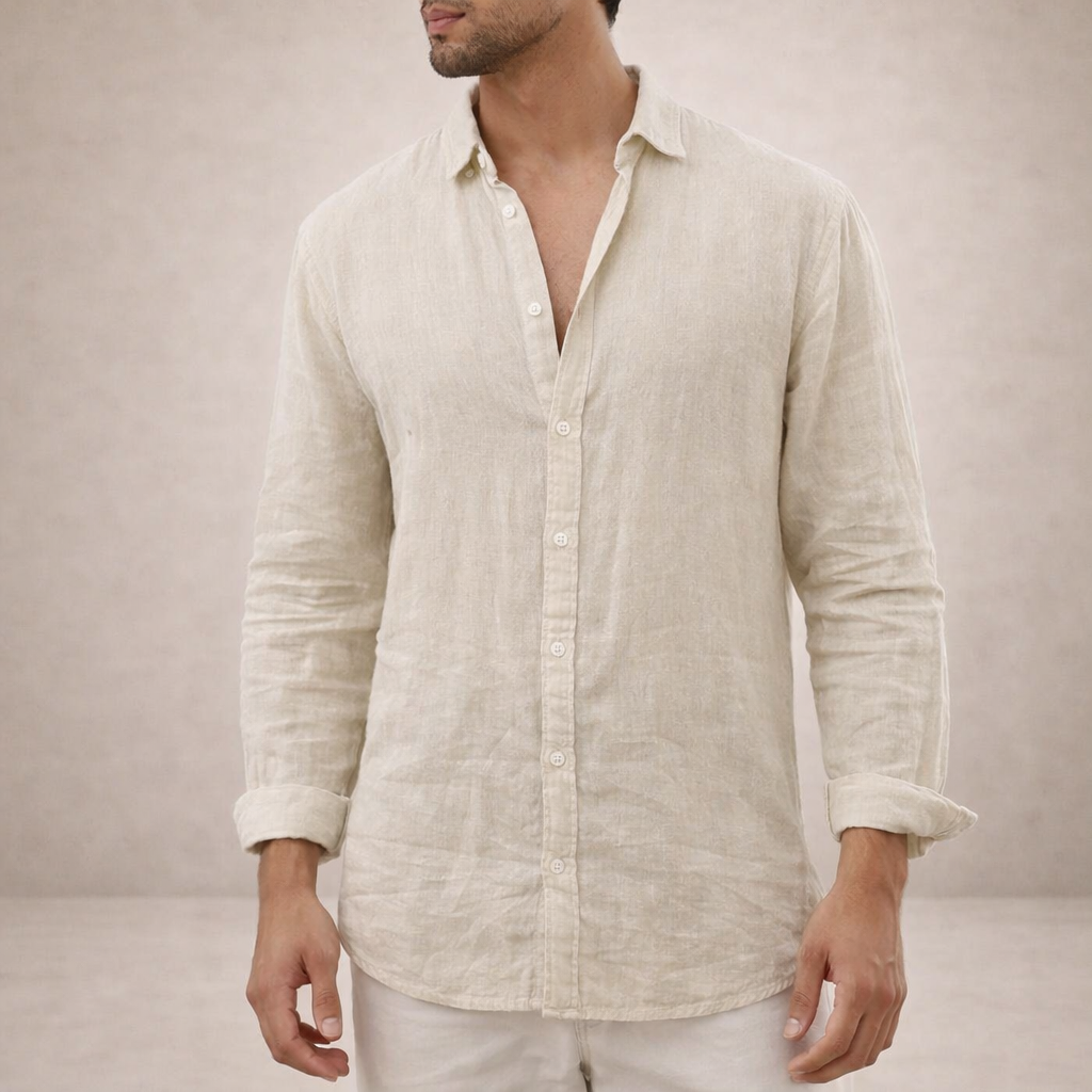 Linen Regular Fit Long Sleeve Open Collar Shirt for Men