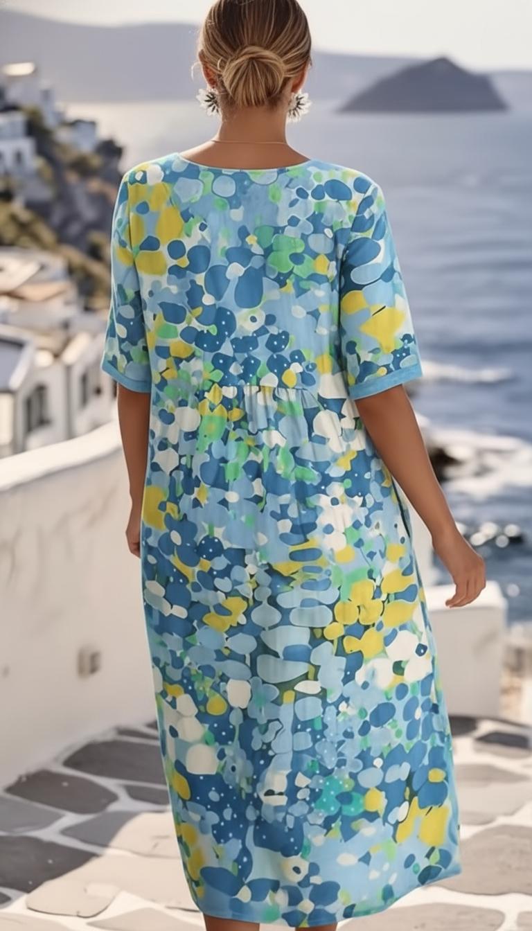 Blue Floral Print Short Sleeve Midi Dress for Women | Wedding Guest