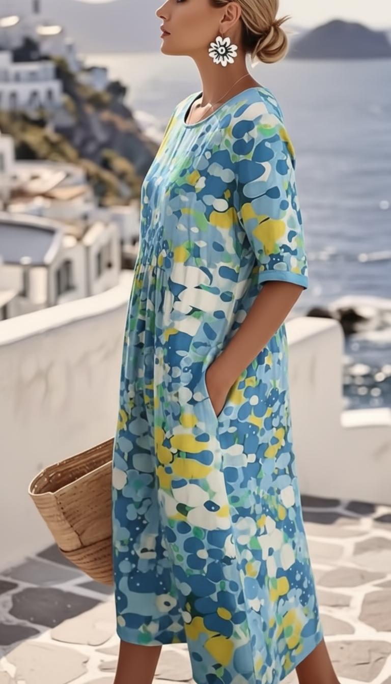 Blue Floral Print Short Sleeve Midi Dress for Women | Wedding Guest
