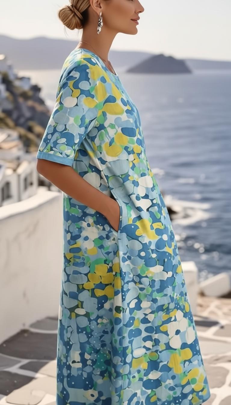 Blue Floral Print Short Sleeve Midi Dress for Women | Wedding Guest