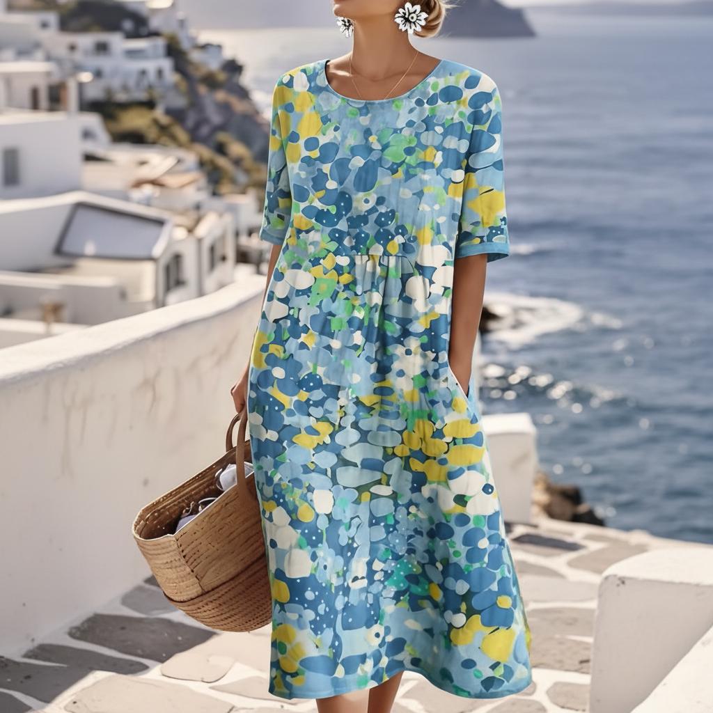 Blue Floral Print Short Sleeve Midi Dress for Women | Wedding Guest