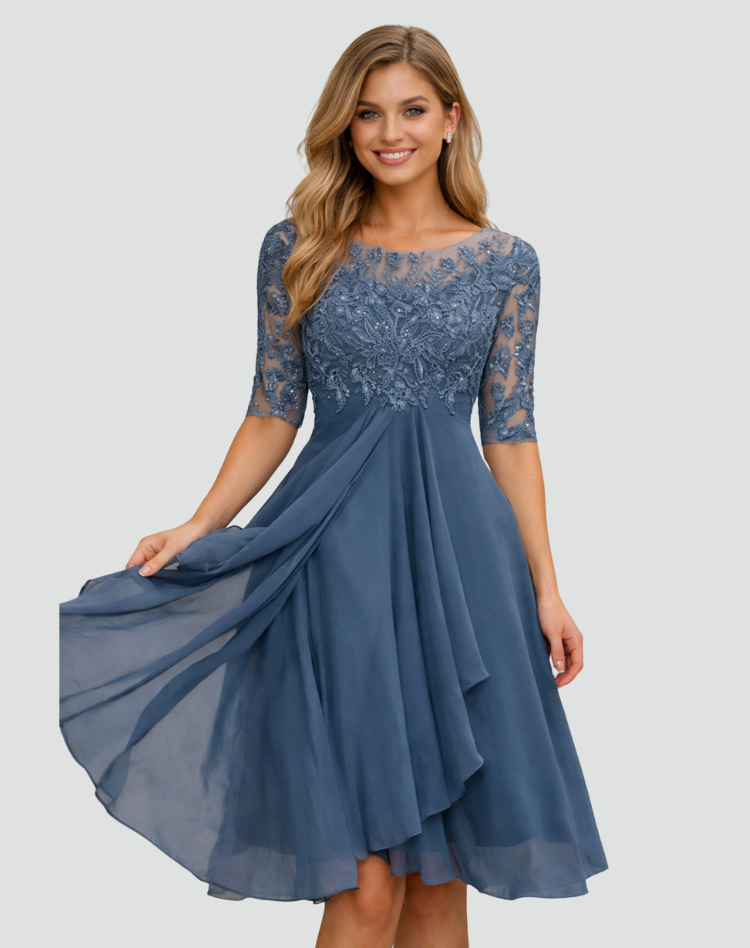 Lace Bodice Three-Quarter Sleeve Midi Party Dress for Women