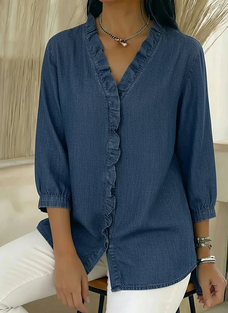 Denim V-Neck Ruffled Shirt for Women | Relaxed Fit Top