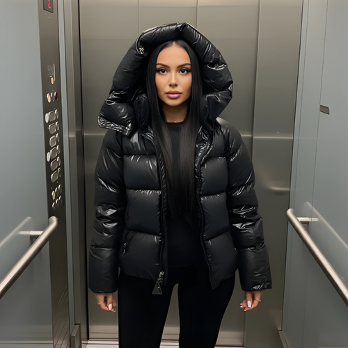 Black Quilted Hooded Jacket with Long Sleeves and Front Pockets for Women