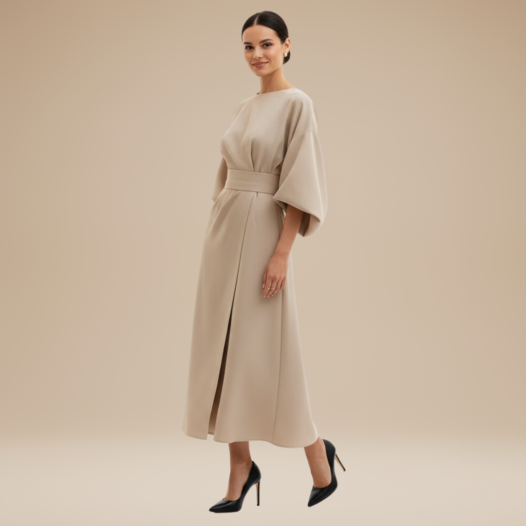Wide Sleeve Wrap Midi Dress for Women | Belted V-Neckline