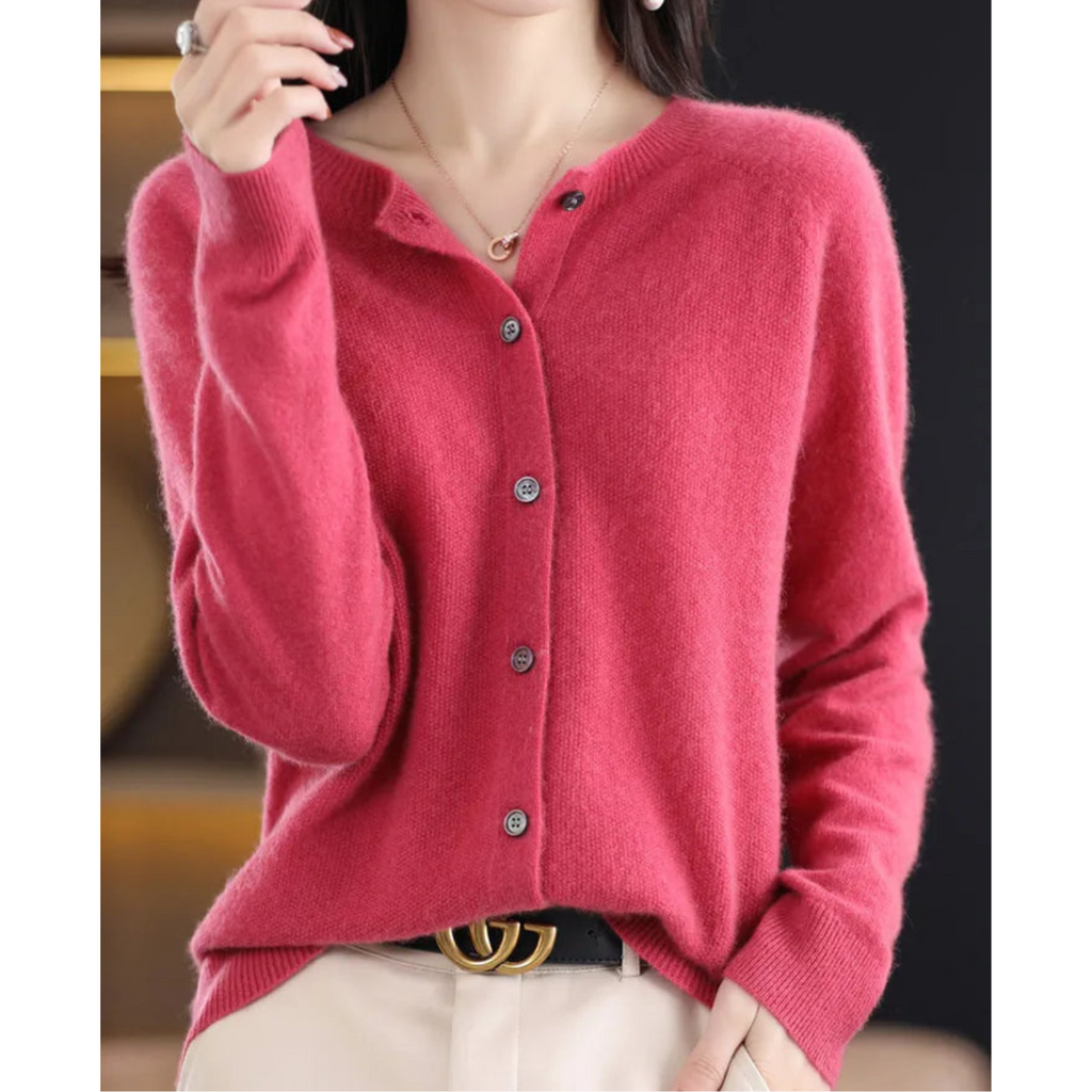 Merino Wool Cashmere Round Neck Button Front Long Sleeve Cardigan for Women
