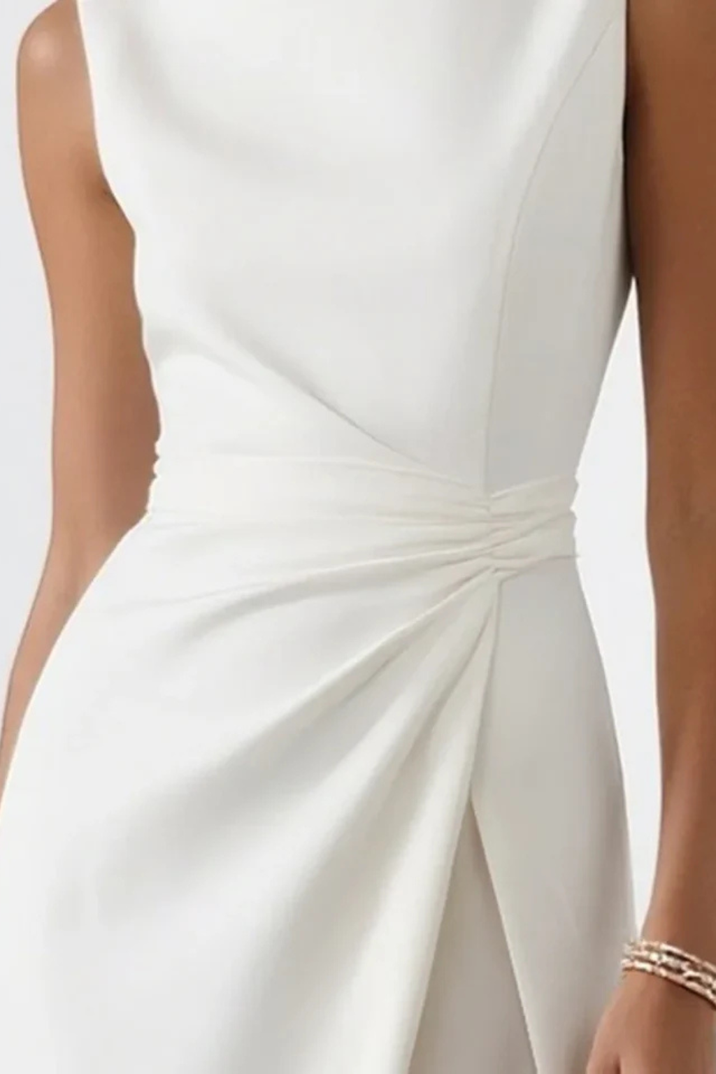 White Boat Neck Draped Waist Maxi Dress for Women | Wedding Guest