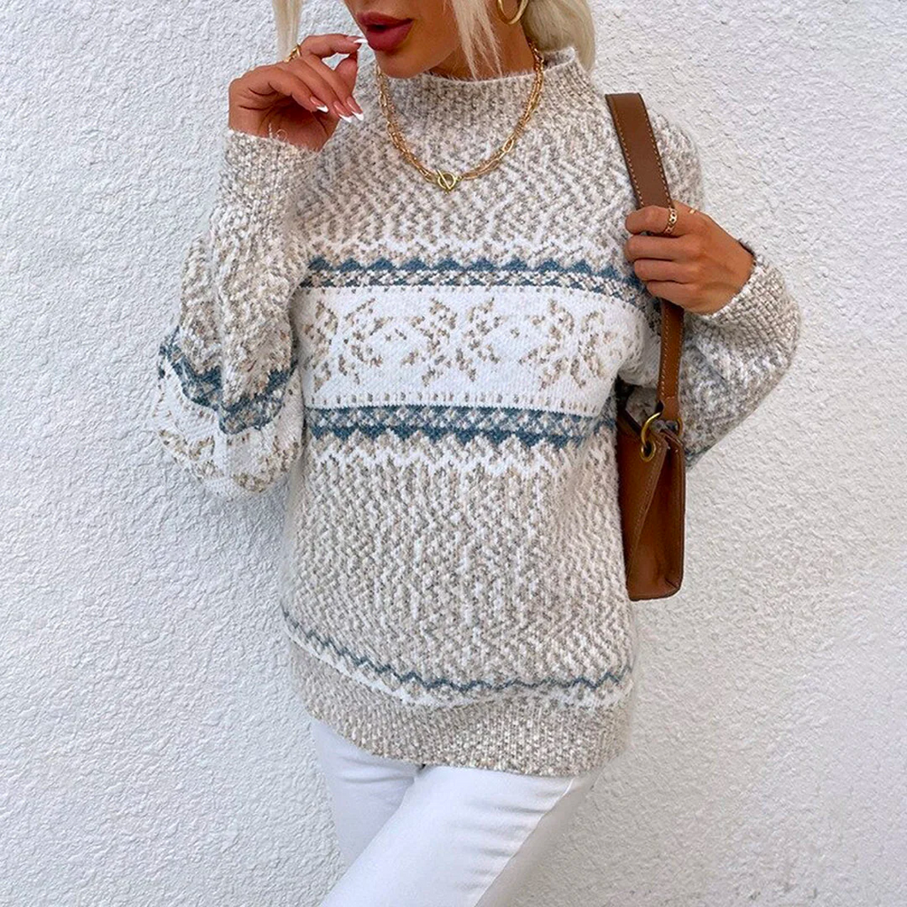 Ladies Knitted Winter Sweater with Scandinavian Snowflake Pattern