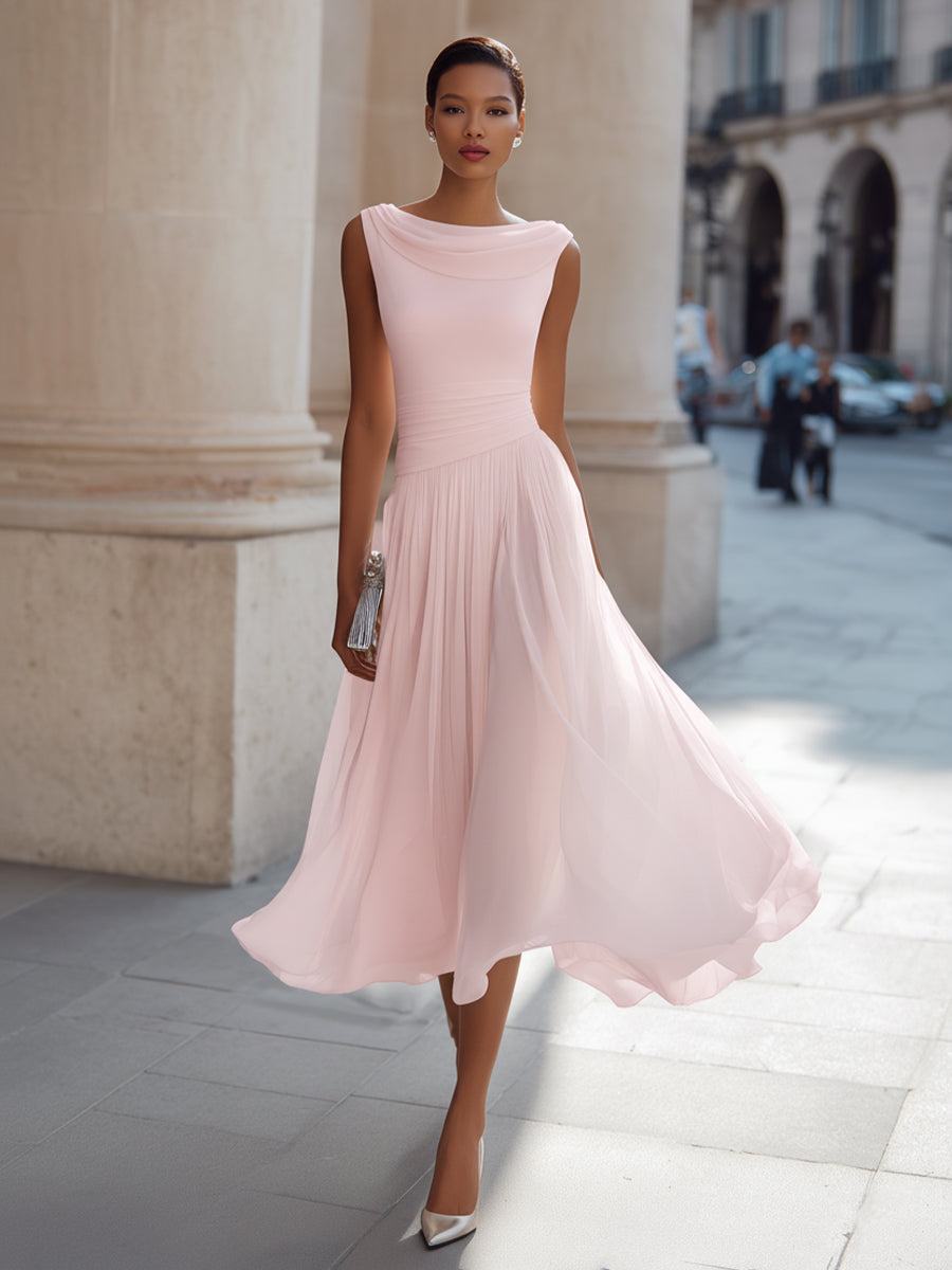 Draped Neck Sleeveless Pleated Midi Dress for Women | Occasion Wear