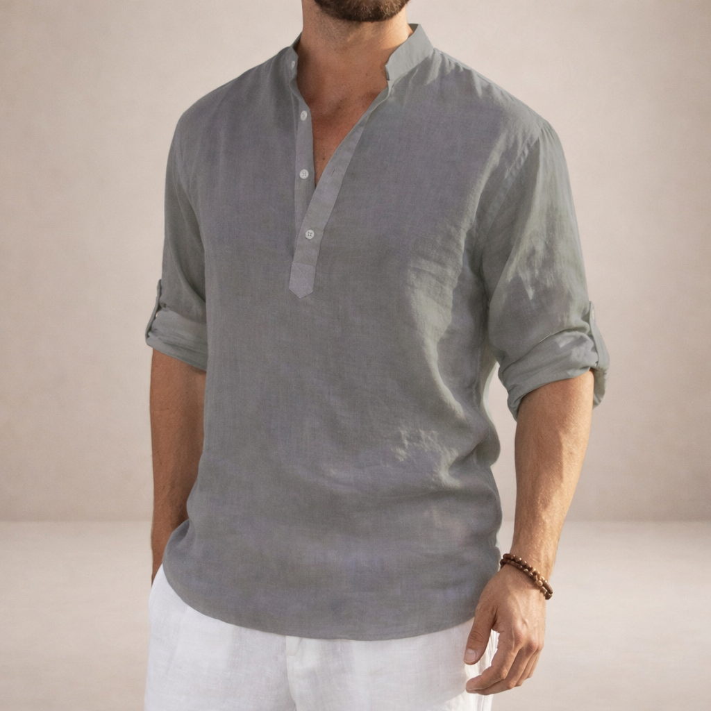 Linen Regular Fit Shirt for Men with Stand Collar and Long Sleeves