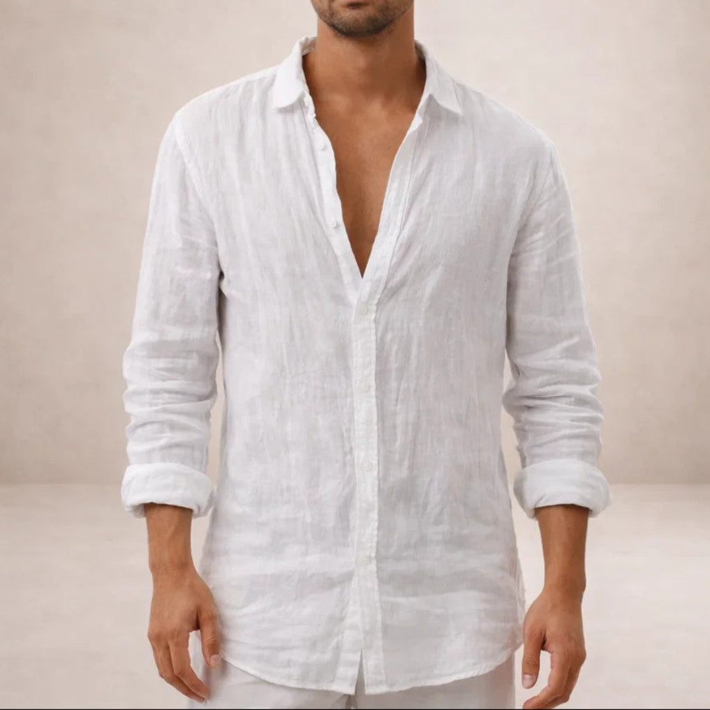 Linen Regular Fit Long Sleeve Open Collar Shirt for Men