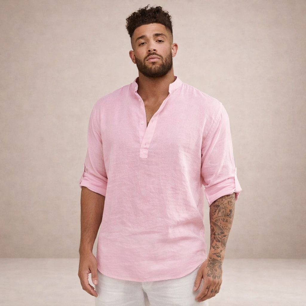 Linen Regular Fit Shirt for Men with Stand Collar and Long Sleeves