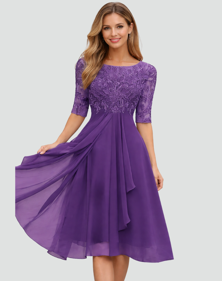 Lace Bodice Three-Quarter Sleeve Midi Party Dress for Women