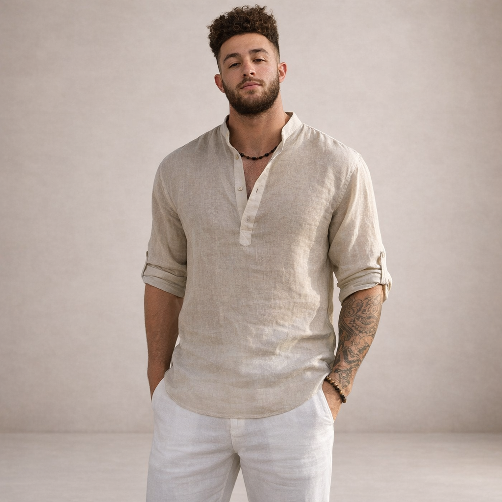 Linen Regular Fit Shirt for Men with Stand Collar and Long Sleeves