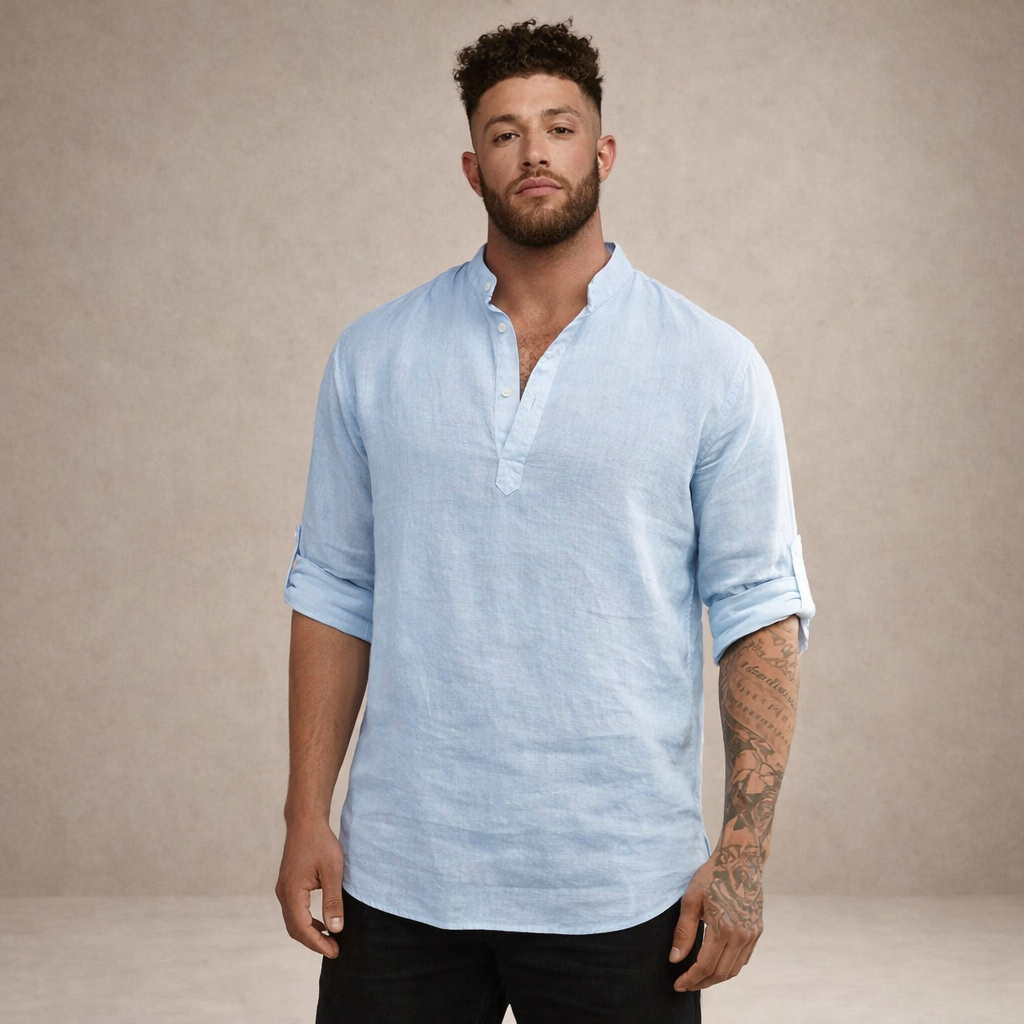 Linen Regular Fit Shirt for Men with Stand Collar and Long Sleeves