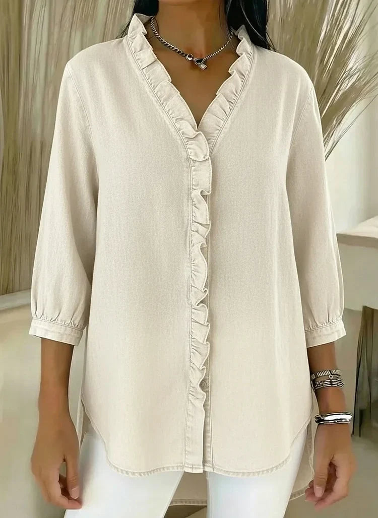 Denim V-Neck Ruffled Shirt for Women | Relaxed Fit Top