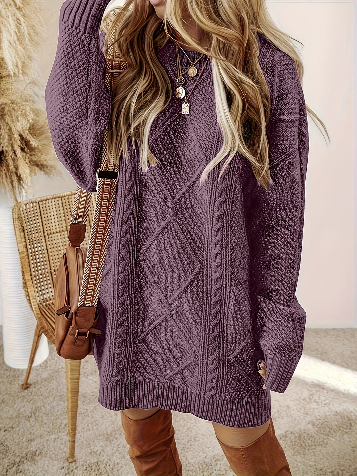 Cable Knit Relaxed Fit Round Neck Sweater Dress for Women | Diamond Texture