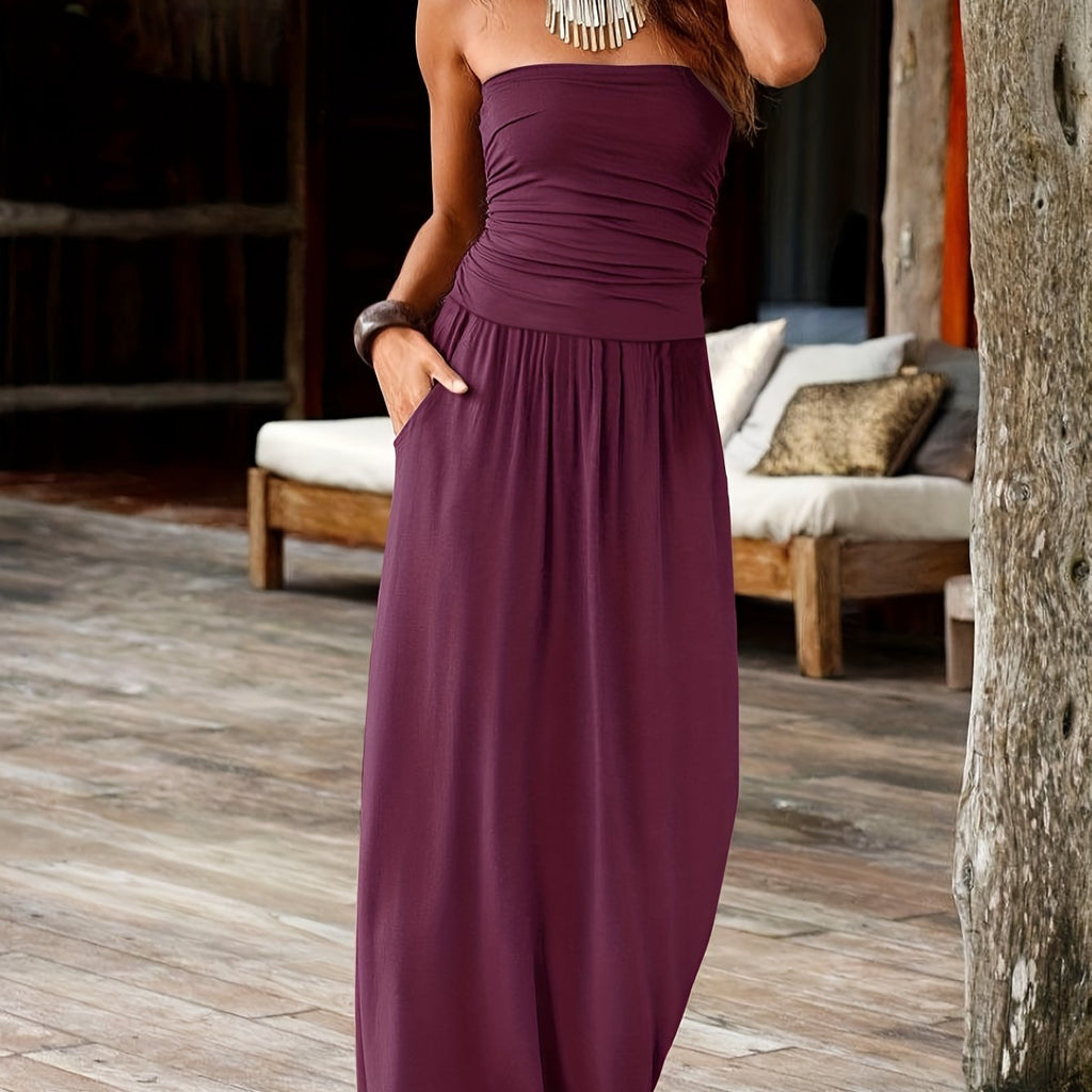 Strapless Bandeau Midi Dress with Waist-Cinching and Double Pockets for Women