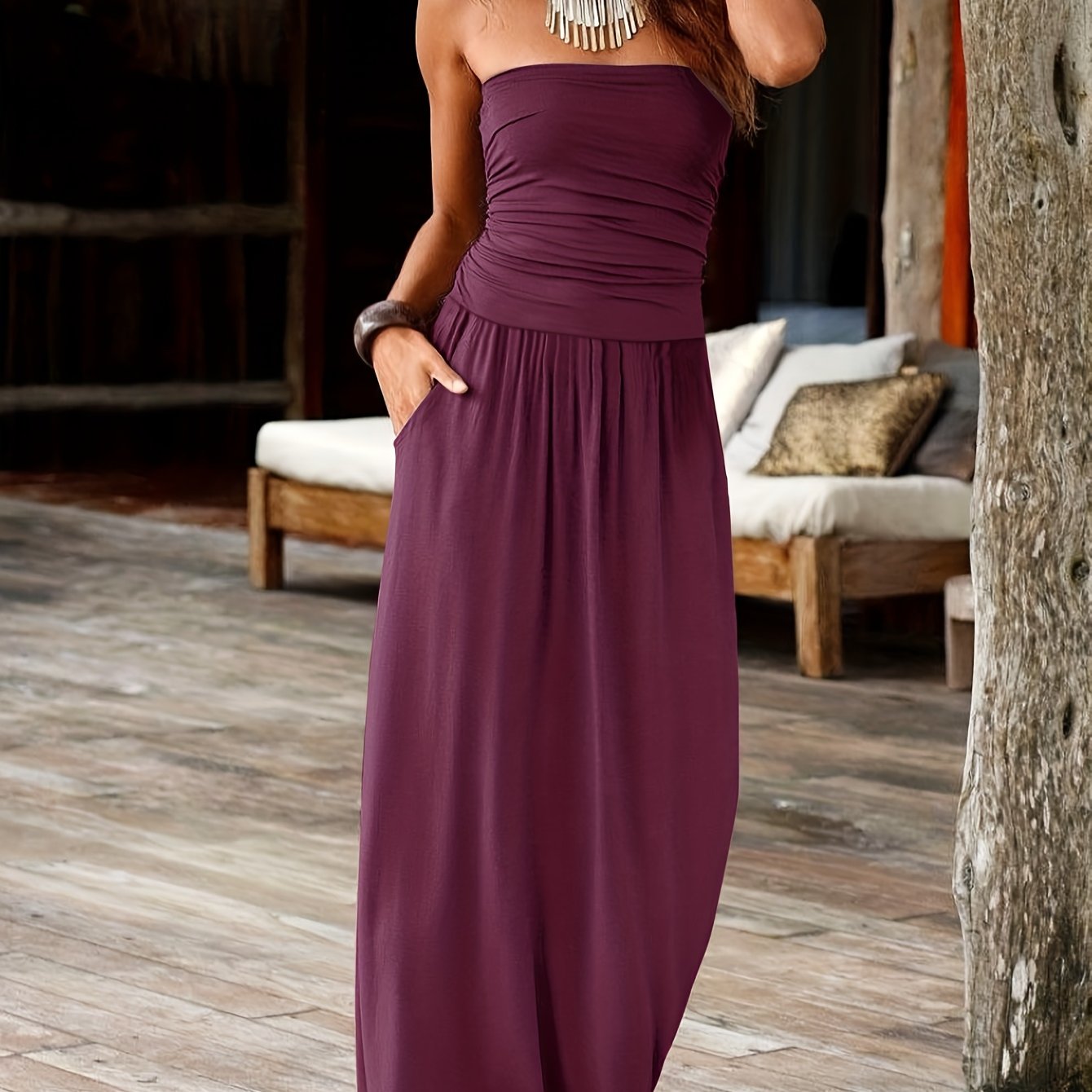 Strapless Bandeau Midi Dress with Waist-Cinching and Double Pockets for Women