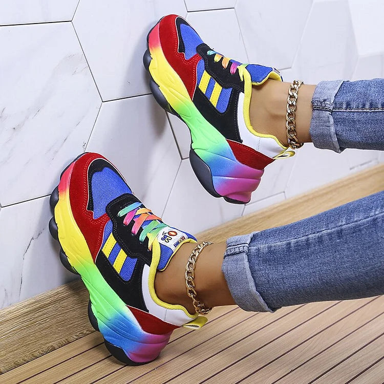 Rainbow Blue Green Orthopedic Walking Sneakers with Wide Toe Box for Women