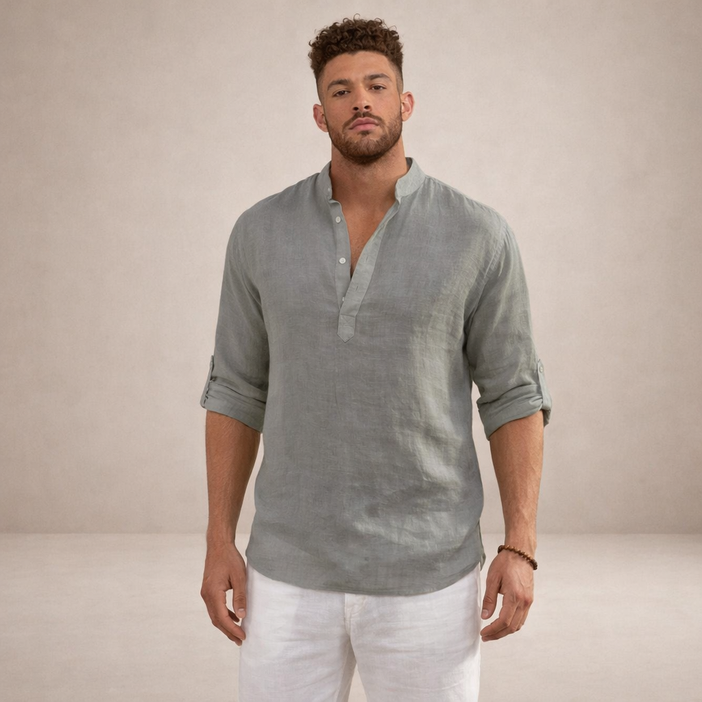 Linen Regular Fit Shirt for Men with Stand Collar and Long Sleeves