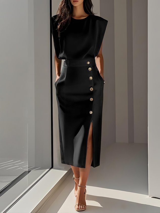 Round Neck Midi Dress with Button Slit Detail for Women