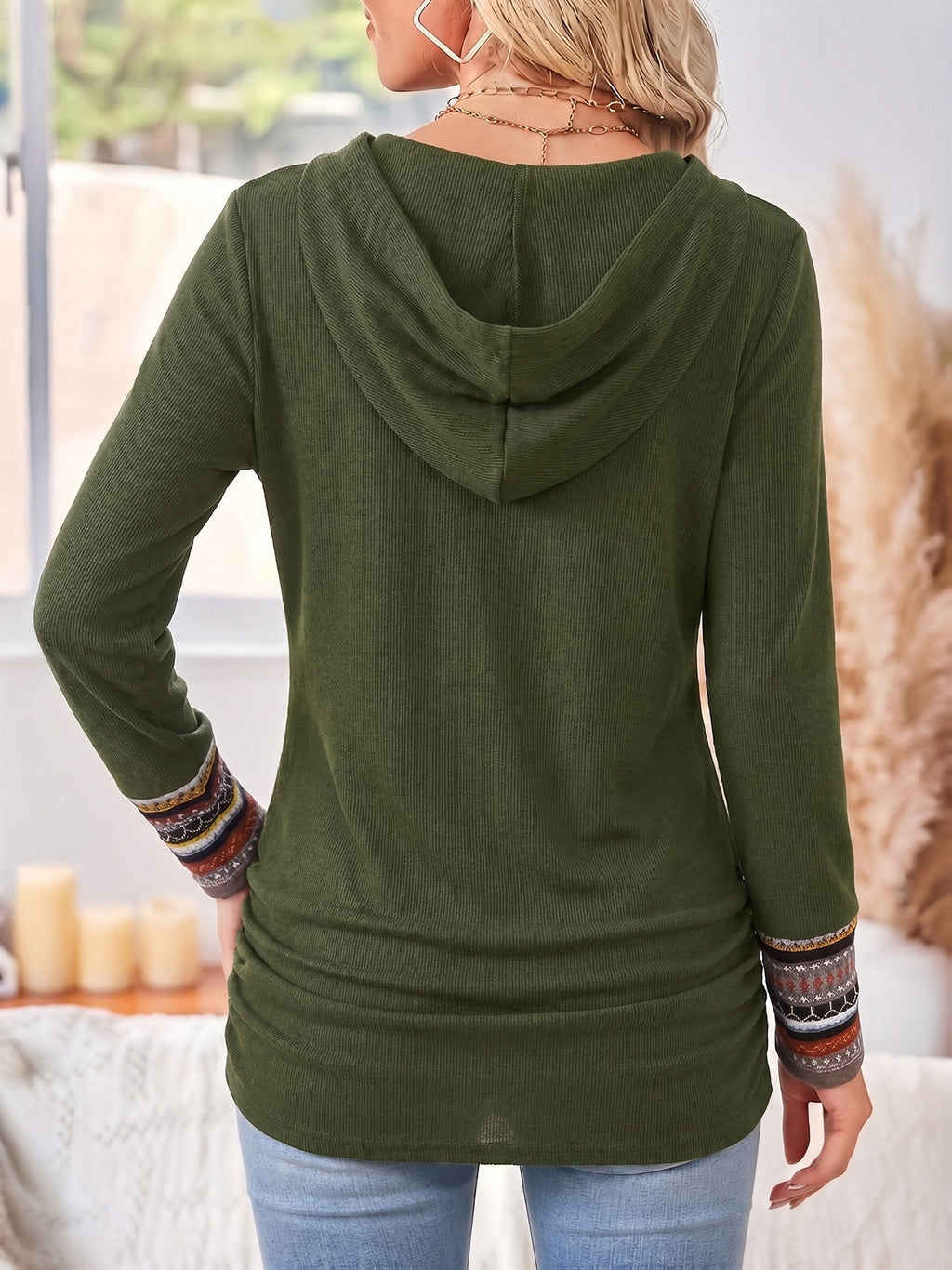 Casual Patchwork Hoodie with Striped Trim and Decorative Buttons for Women