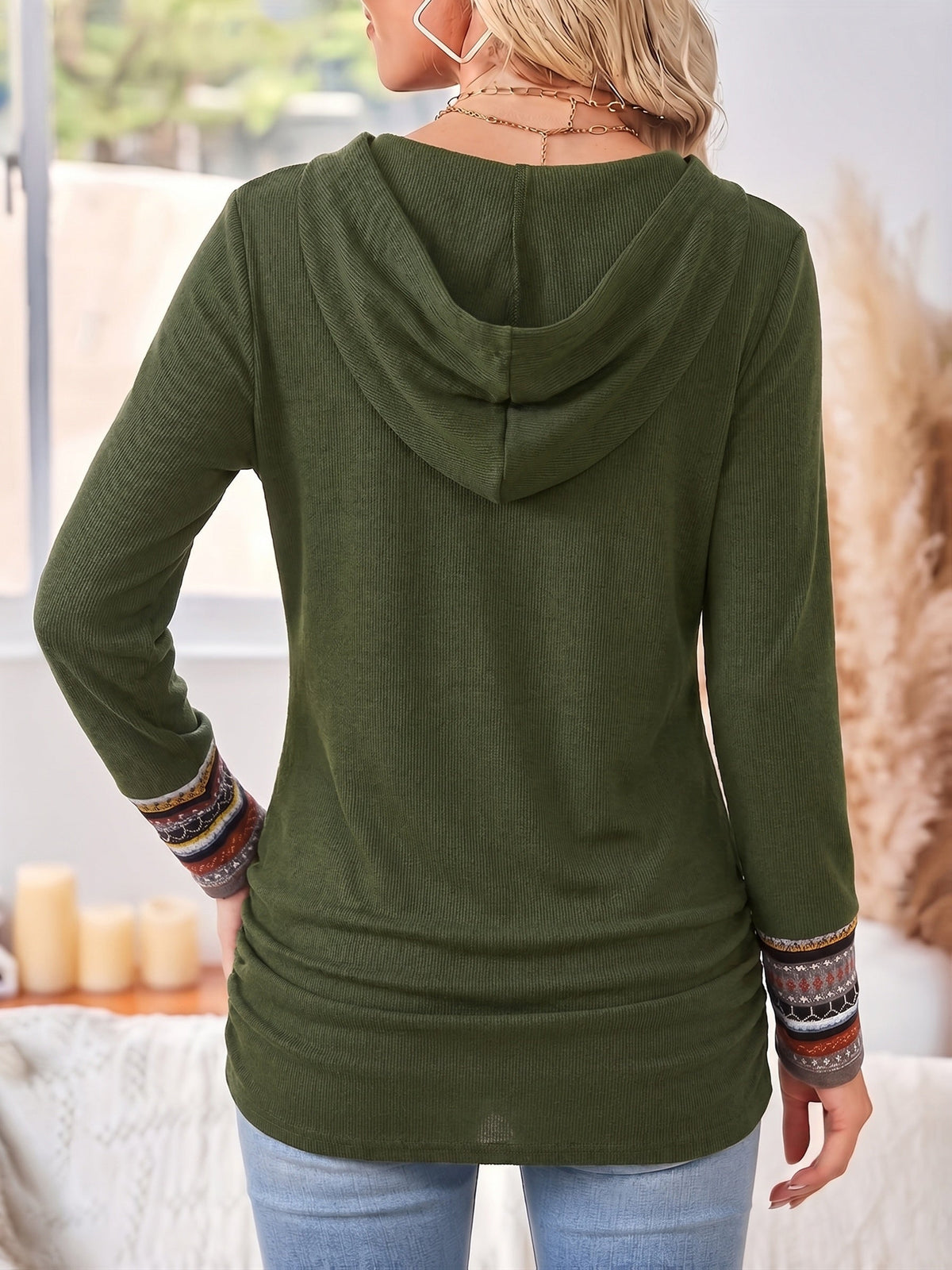 Casual Patchwork Hoodie with Striped Trim and Decorative Buttons for Women