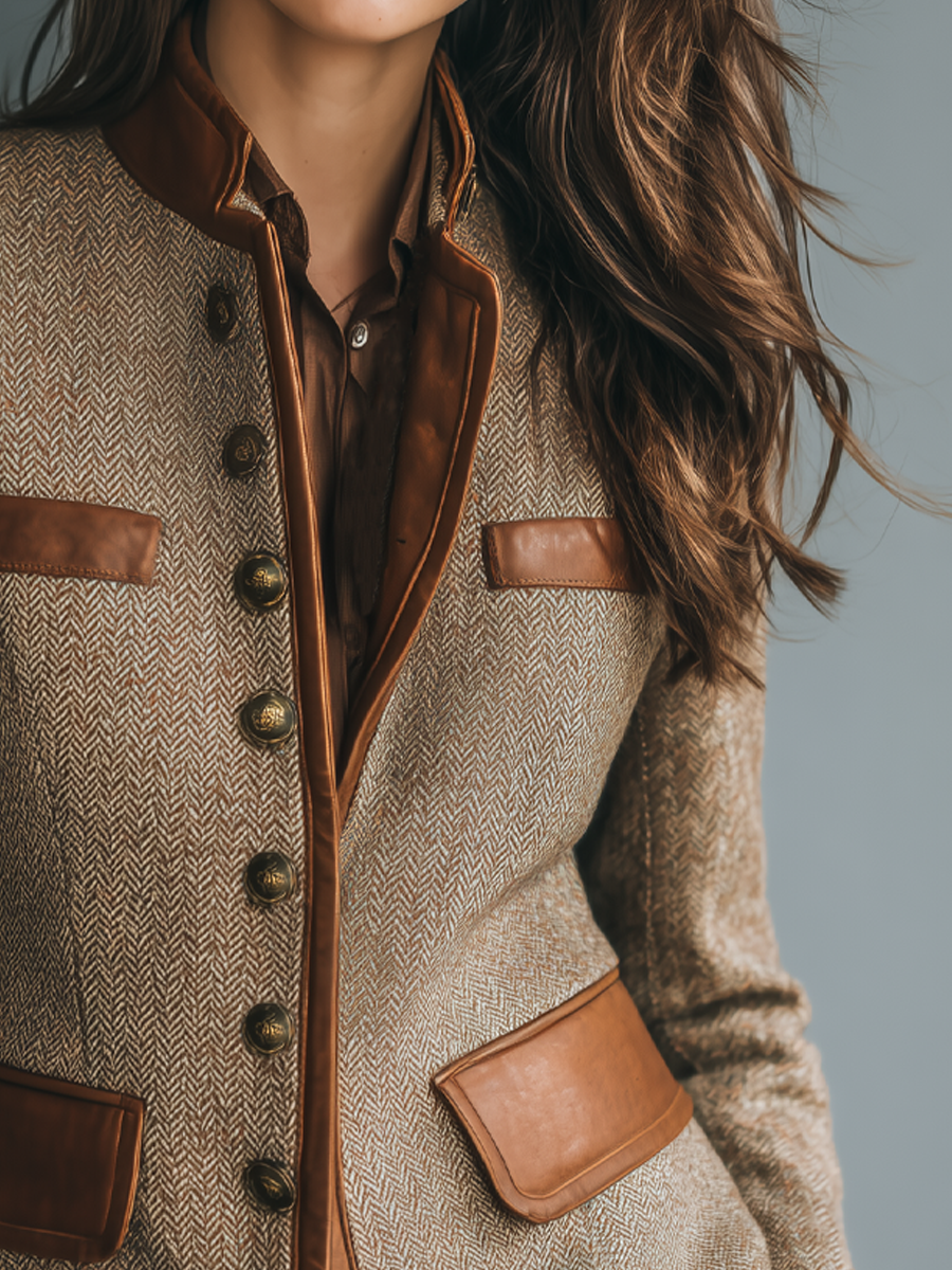 Brown Tweed Style Fitted Vintage Jacket with Trim and Pockets for Women