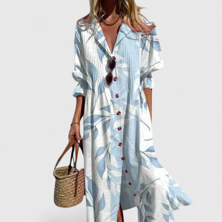 Leaf Print Maxi Shirt Dress for Women | Floor-Length Boho Style