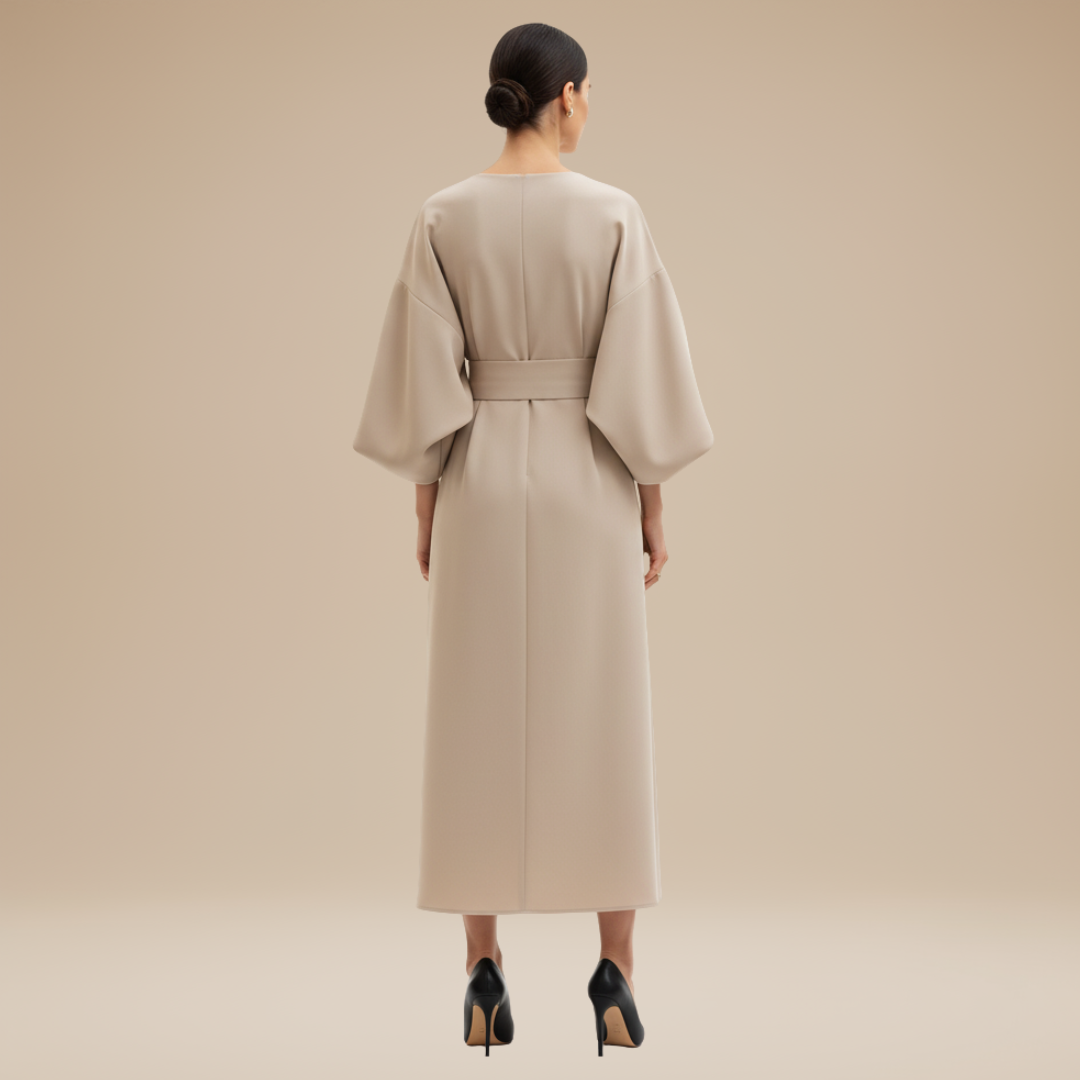 Wide Sleeve Wrap Midi Dress for Women | Belted V-Neckline