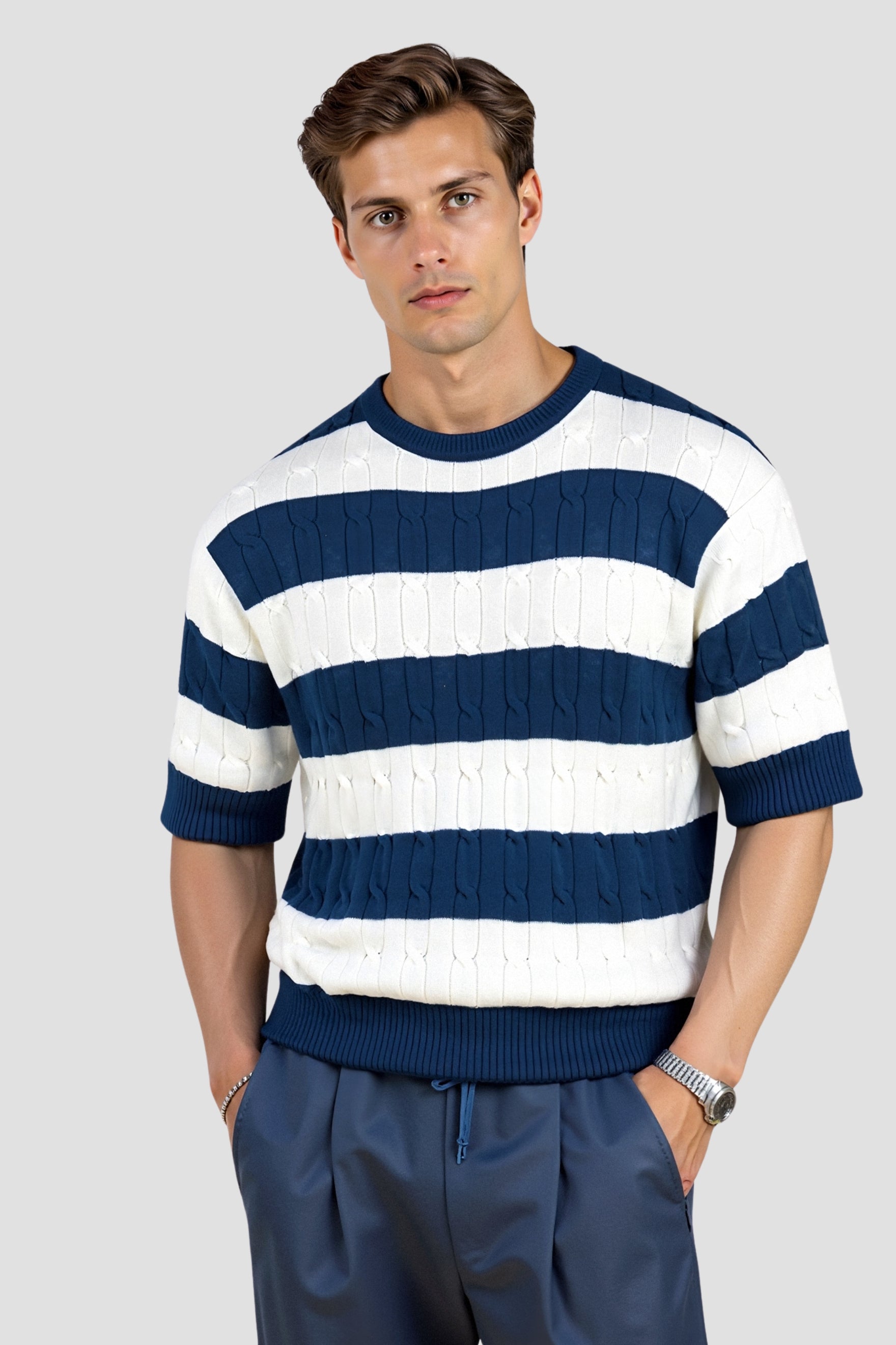 Striped Men's Short Sleeve Sweater – Stylish & Comfortable