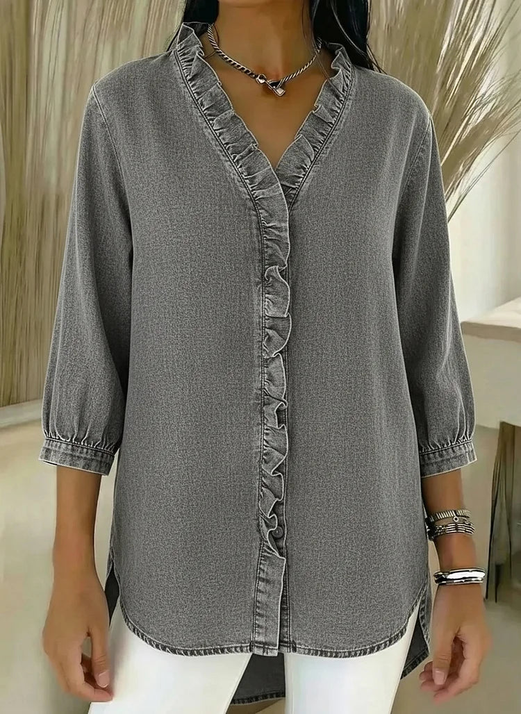 Denim V-Neck Ruffled Shirt for Women | Relaxed Fit Top