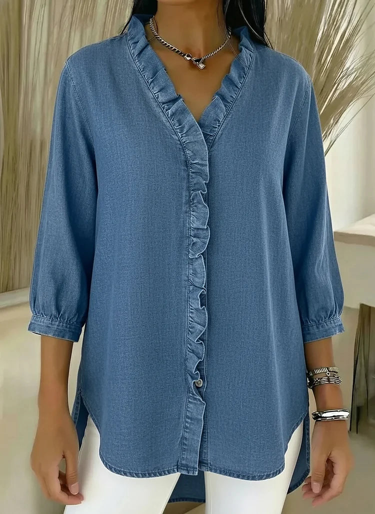 Denim V-Neck Ruffled Shirt for Women | Relaxed Fit Top