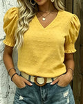 Yellow Bubble Sleeve V-Neck Jacquard Blouse for Women