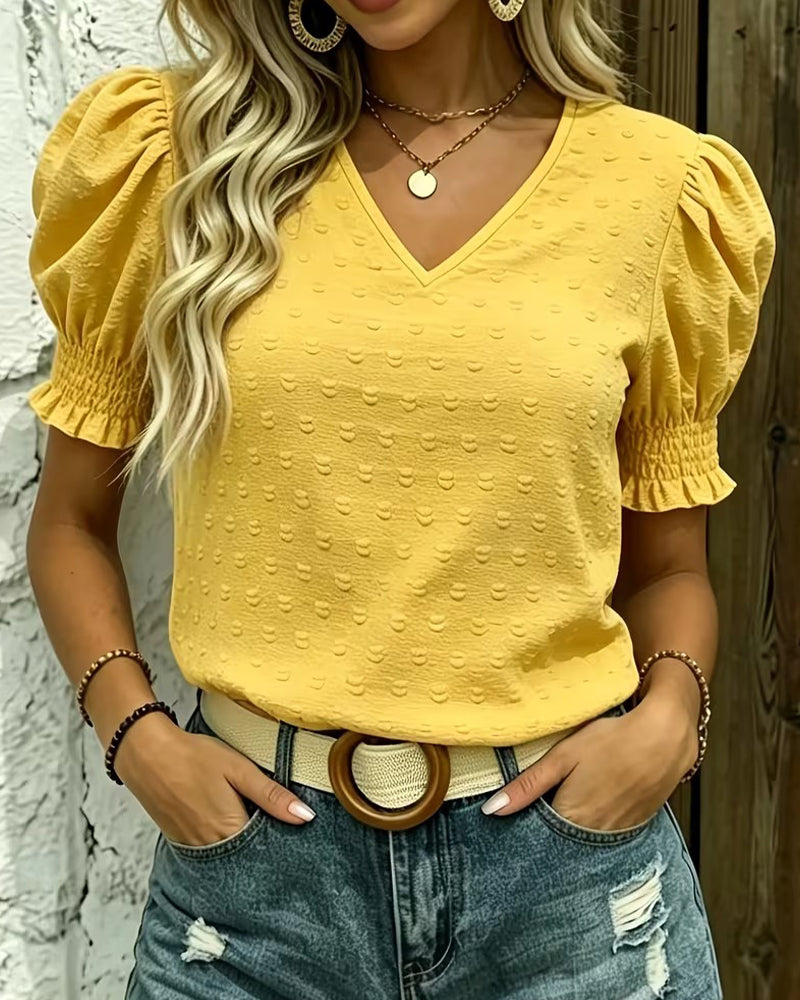 Yellow Bubble Sleeve V-Neck Jacquard Blouse for Women