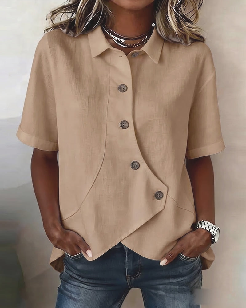 Cotton Linen Asymmetric Placket Button-Down Shirt for Men