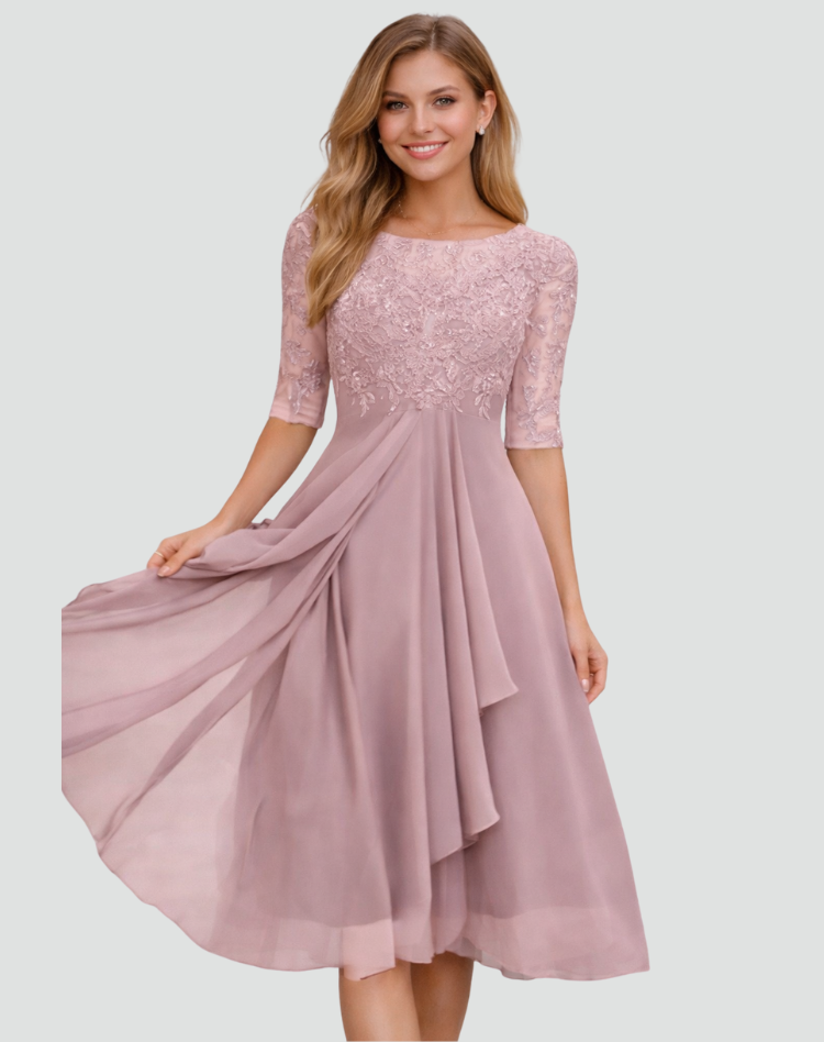 Lace Bodice Three-Quarter Sleeve Midi Party Dress for Women