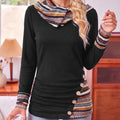 Casual Patchwork Hoodie with Striped Trim and Decorative Buttons for Women