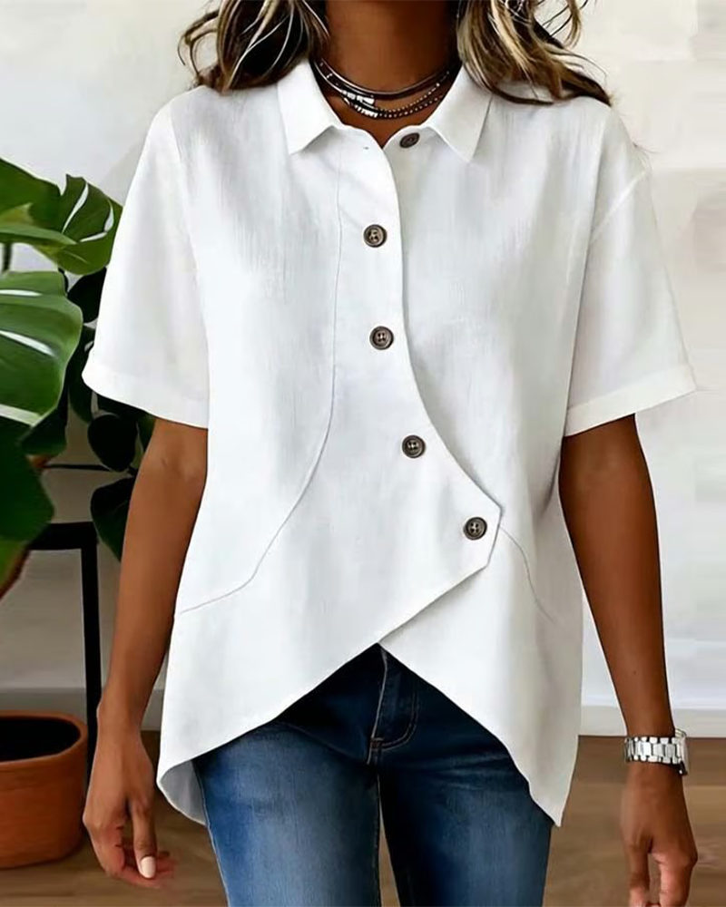 Cotton Linen Asymmetric Placket Button-Down Shirt for Men