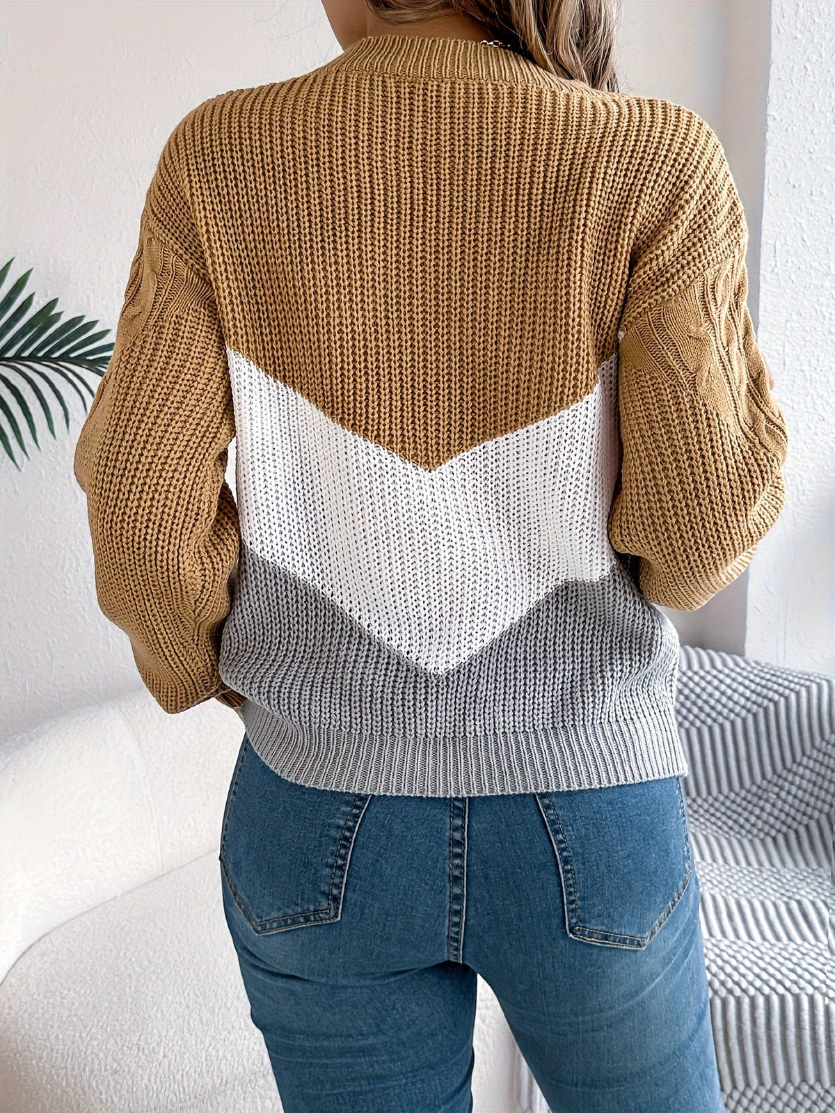 Stretch Knit Color Block Round Neck Sweater for Women | Fall Winter Layering