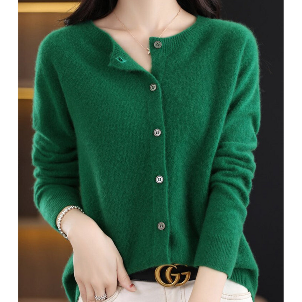 Merino Wool Cashmere Round Neck Button Front Long Sleeve Cardigan for Women