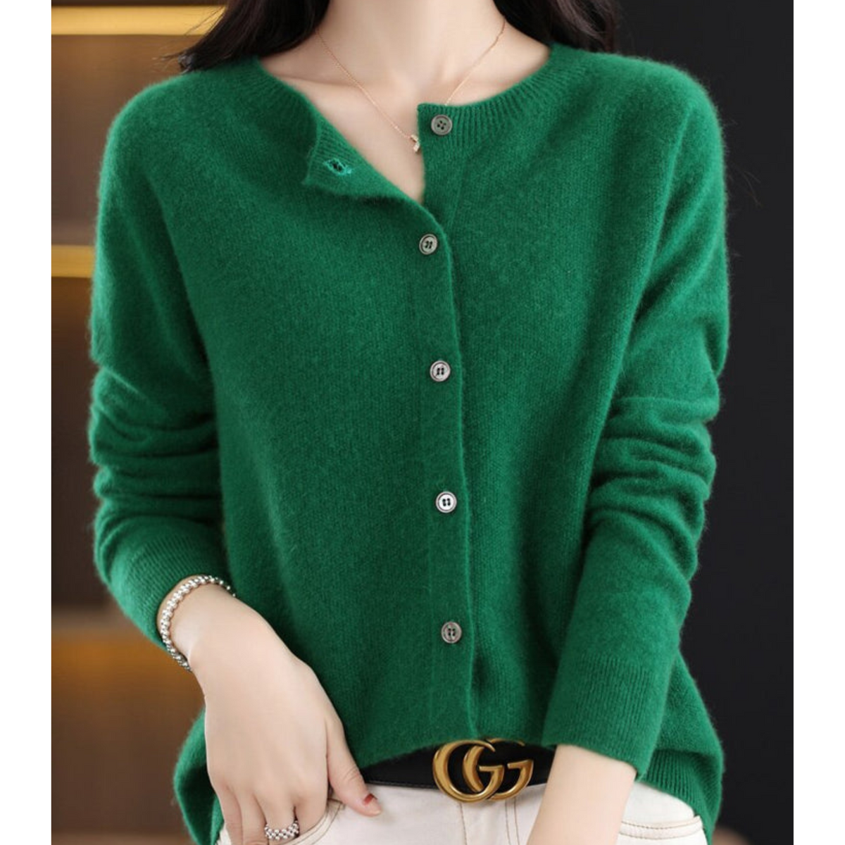 Merino Wool Cashmere Round Neck Button Front Long Sleeve Cardigan for Women