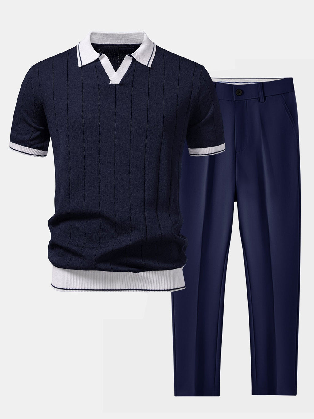 Ribbed Knit Polo and Tapered Pants Two-Piece Set for Men | Smart Casual Outfit
