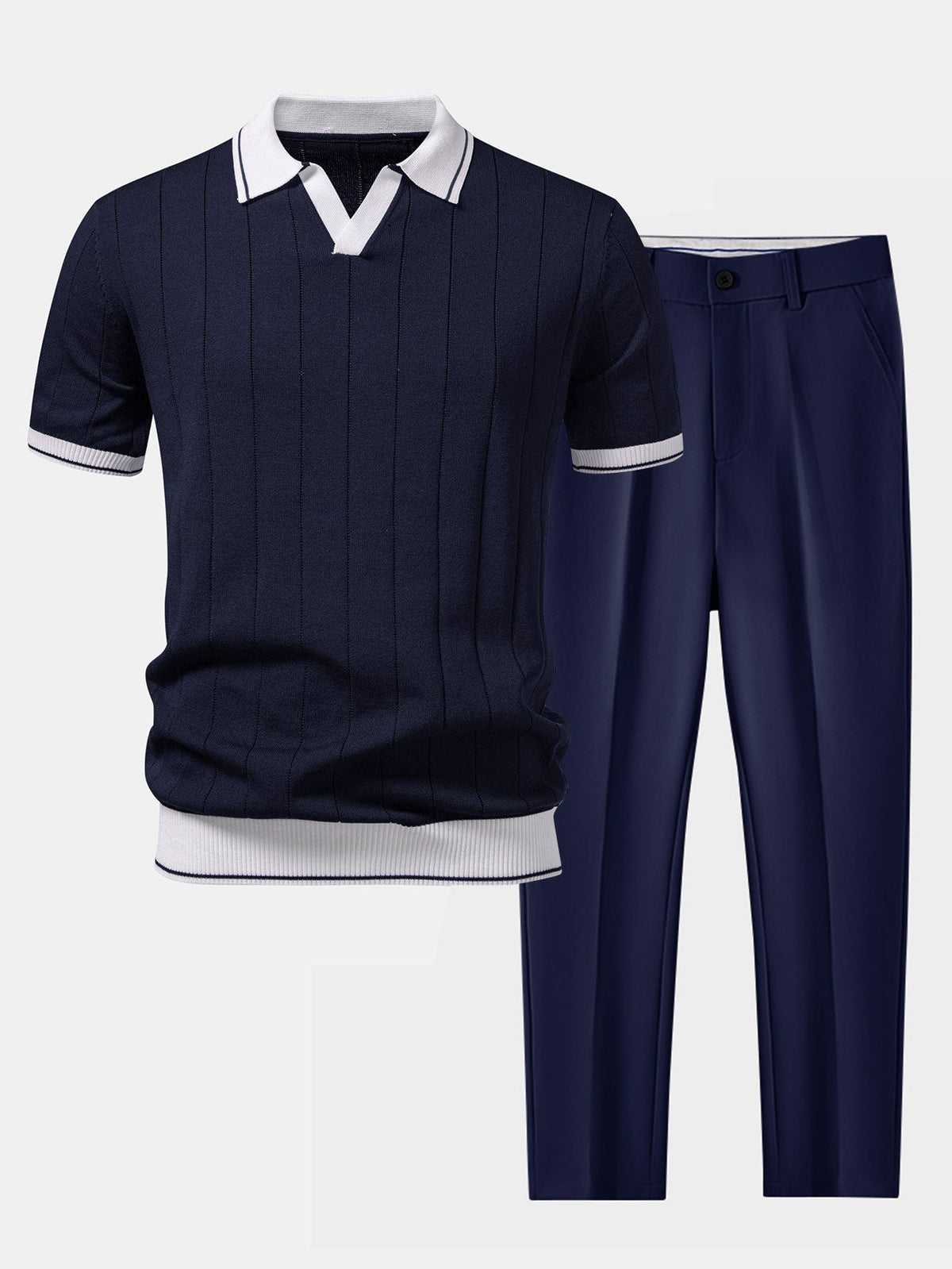 Ribbed Knit Polo and Tapered Pants Two-Piece Set for Men | Smart Casual Outfit